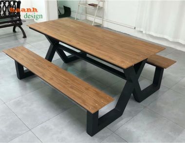 Bàn ghế sân vườn chân sắt mặt gỗ teak NTG001