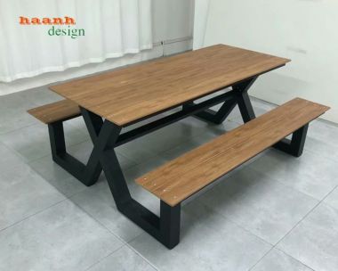 Bàn ghế sân vườn chân sắt mặt gỗ teak NTG001