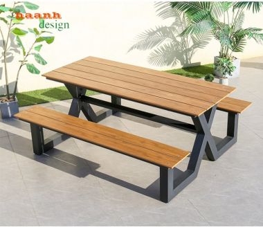 Bàn ghế sân vườn chân sắt mặt gỗ teak NTG001