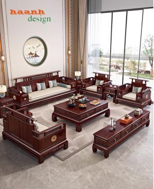 Bàn ghế sofa phòng khách giả cổ gỗ tự nhiên tinh tế BGC 006