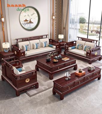 Bàn ghế sofa phòng khách giả cổ gỗ tự nhiên tinh tế BGC 006