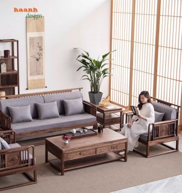 Sofa phòng khách gỗ óc chó tự nhiên phong cách Á đông BGC 003