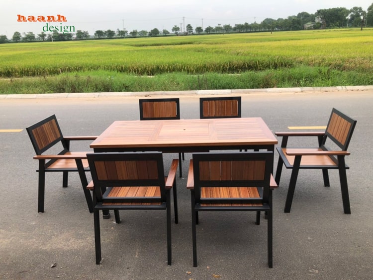 Bàn ghế chân sắt mặt gỗ teak tự nhiên NTG002